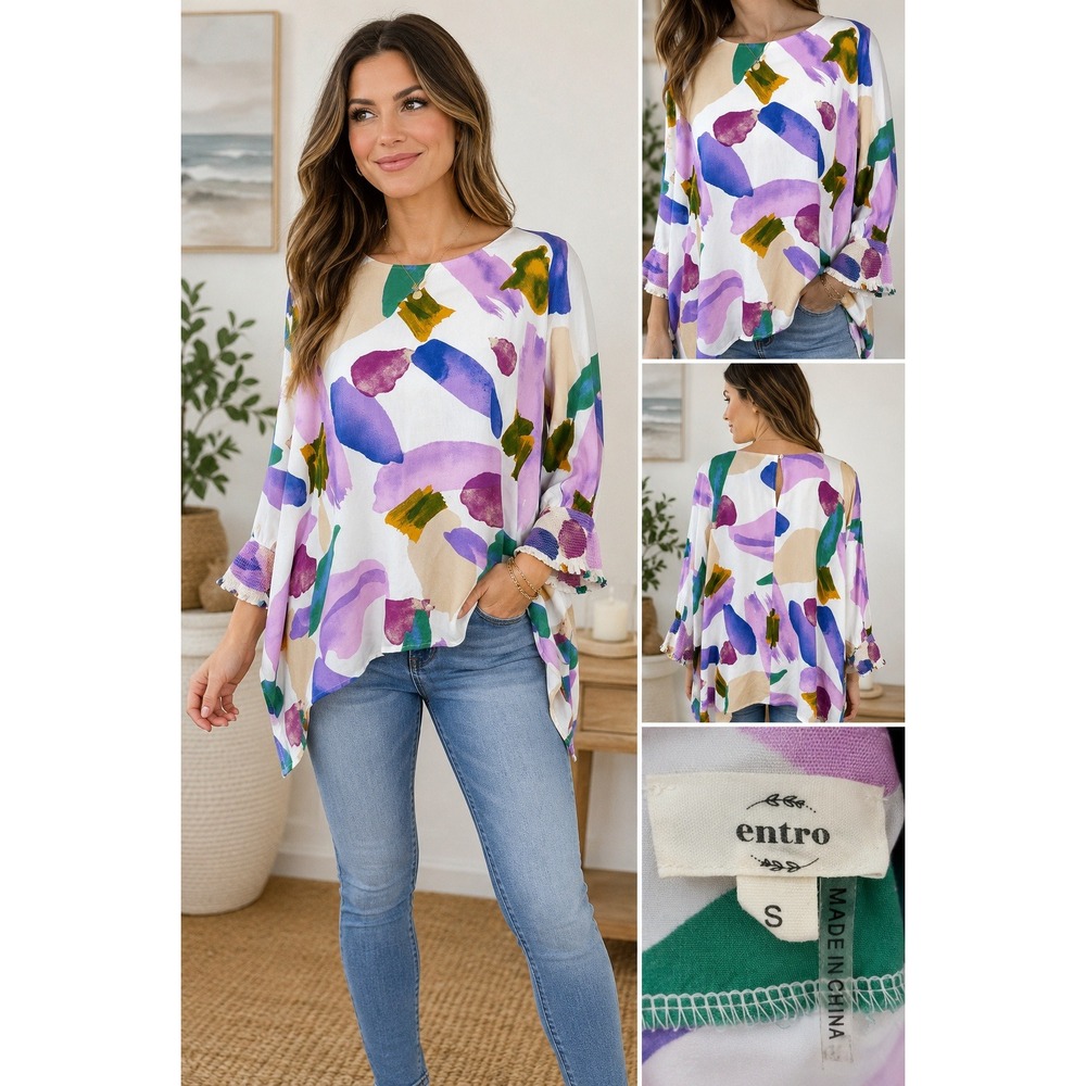 Entro Blouse Abstract Brushstroke Purple Green Rayon Smocked Cuff Boho Small